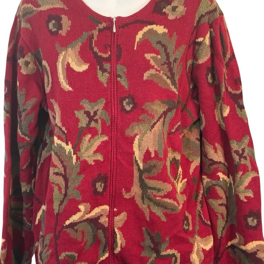Talbots Red Leaf Design Cotton & Ramie Blend Zip Up Cardigan Sweater sz Large - Picture 13 of 16